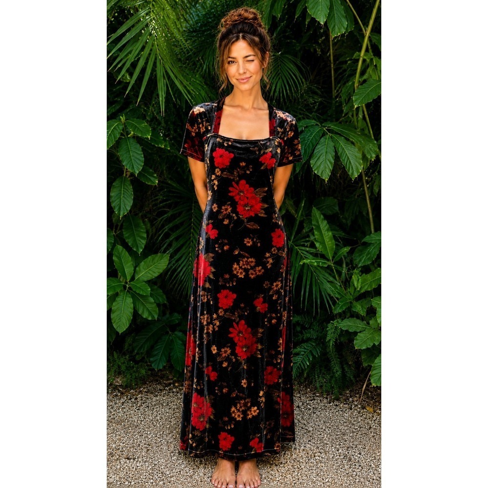 Vtg 90s Dark Floral Maxi Dress Black Red Velvet Column  Whimsygoth Square Neck L